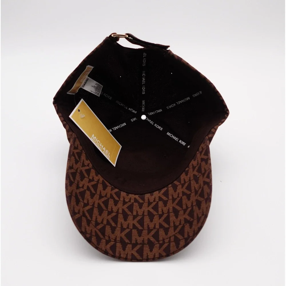 Michael Kors Signature Logo Baseball Cap Brown MK Monogram Hat Gold Hardware NEW